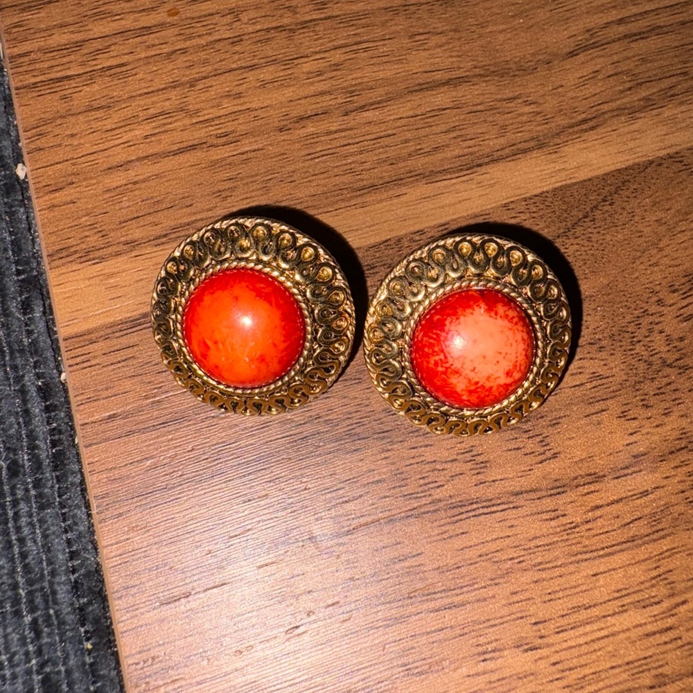 12-Vintage Napier Round Orange Stone Gold-Tone Clip Earrings‎